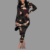 Robe longue imprimée ajustée à manches longues avec une silhouette évasée, une taille tendance et une jupe évasée à la mode