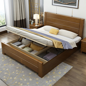 Lit de rangement haut en bois massif 1,5 m 1,8 m, moderne et minimaliste, avec tiroirs à vérins à gaz et structure de cadre, mobilier de chambre - Product Image 1