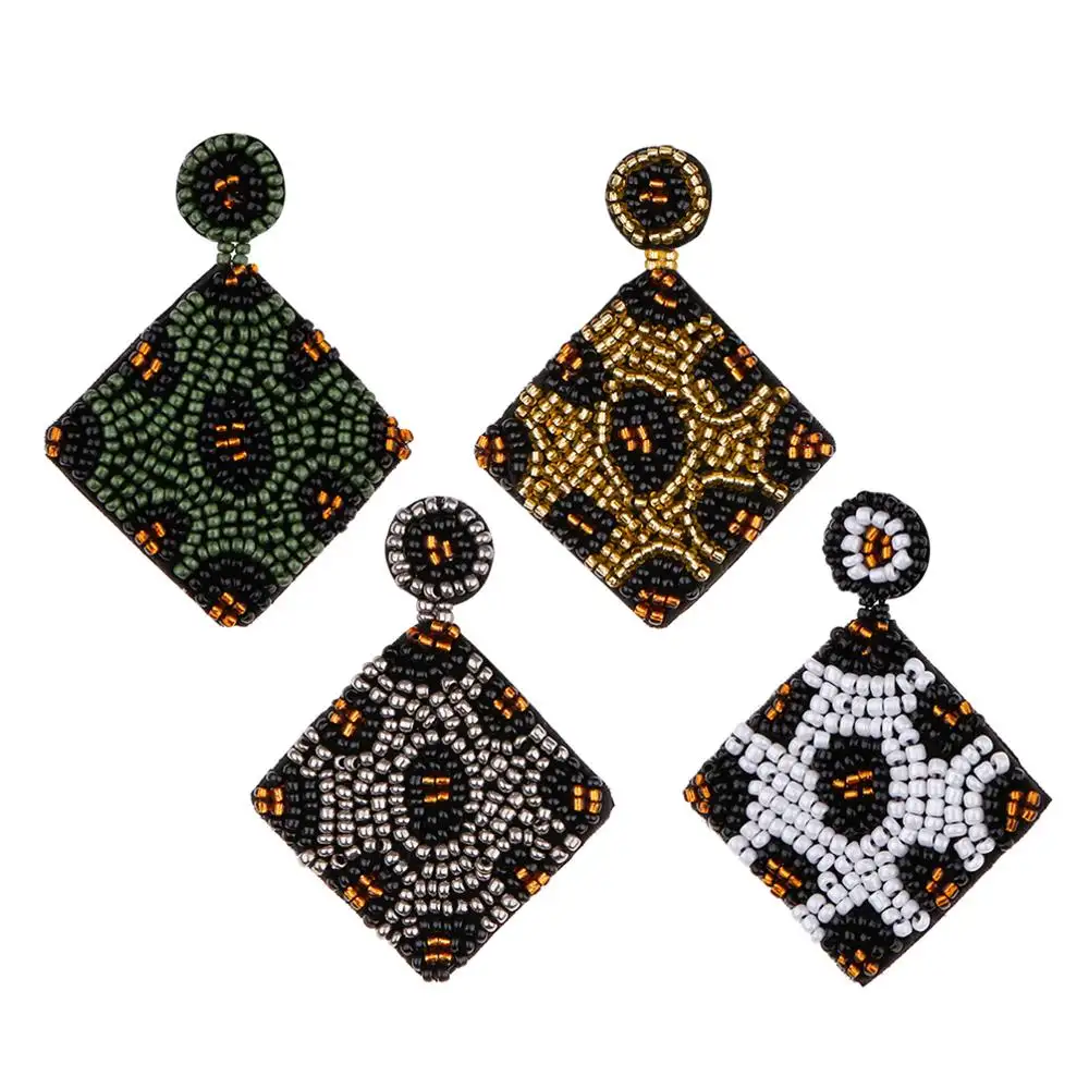 HANSIDON Square Bohemian Leopard Beaded Earrings Statement Indian Drop Dangle Earrings Handmade Fashion Gift Jewelry Accessories
