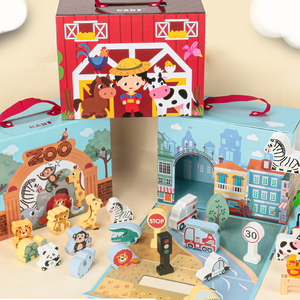 Phim Hoạt Hình Bằng Gỗ Khối Trò Chơi Mầm Non Trẻ Em Khối Xây Dựng Nhận Thức Đồ Chơi Thành Phố Sở Thú Trang Trại Chủ Đề Hộp Giấy Đồ Chơi Cho Trẻ Em - Product Image 6