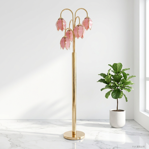 Lampe de sol contemporaine en métal avec abat-jour en verre rose en forme de tulipe, grande taille, usage résidentiel - Product Image 3