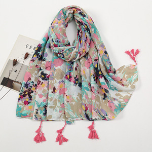 Sciarpa in <span class=keywords><strong>Tulle</strong></span> Voile Stile Vintage Retrò con Motivi in Porcellana Blu e Bianca, Effetto Cotone e Lino, Scialle Floreale Blu per Donne - Product Image 1