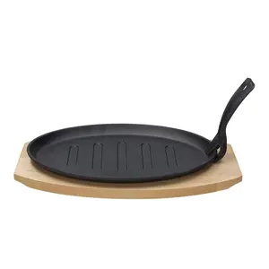 Cast Iron Sizzler Plate Oval Serving Pan  Pre-Seasoned Fajita Platter with Wooden Trivet for Serving Hot Sizzling Dishes