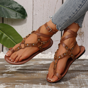 <b>Women</b> Cross Strap Thong <b>Sandals</b> Ankle Buckle Rivet Flat Roman <b>Sandals</b> Casual Outdoor Summer Footwear - Product Image 5