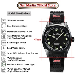 Reloj Mecánico para Hombre San Martin SN0026-G-AH, Diseño Original, Chapado en Negro, Estilo Deportivo Vintage, Simple, Clásico y de Lujo - Product Image 2