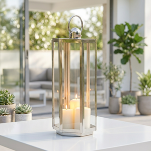 Modern Luxury Home Decorations Hexagon Shape Tall Metal Candle Holder <b>Lantern</b> in Glossy Stainless Steel - Product Image 3