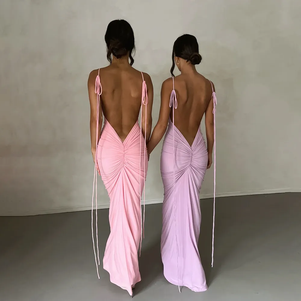 Hot Sexy Backless Jersey Stretchy Nightclub Dresses V Neck Halter Ruched Bodycon Maxi Women Casual Dresses