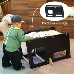 Tabouret de cuisine pliable 4-en-1 en bois pour tout-petits, tour d'apprentissage avec tableau noir pour enfants - Product Image 4