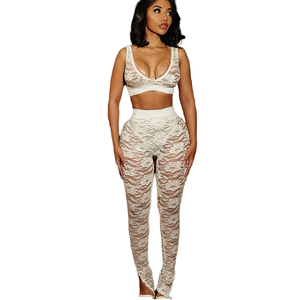 63662 été décontracté maigre haut court solide tricot dentelle voir à travers les femmes 2 pièces respirant pantalon ensemble - Product Image 4