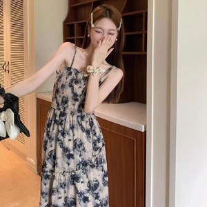 Plus Size Floral Print Sundress <b>Spaghetti</b> Strap Empire Waist <b>Long</b> Skirt Breathable Casual Dress For Women Summer 2025 - Product Image 2