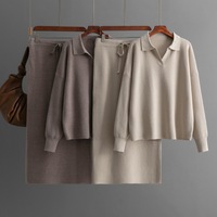 Ensemble de chandail tricoté automne-hiver P-202, chandail à col polo + jupe longue, ensemble tricoté 2 pièces pour femmes, costumes pour femmes, vêtements de bureau