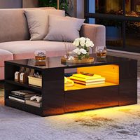 Table Basse Moderne en Bois Laqué Minimaliste avec LED, 2 Tiroirs et Étagère Ouverte, Meuble de Salon Pratique avec Rangement