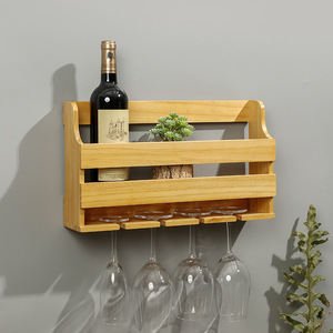 Estante de vino de madera para montar en la pared con 4 soportes para copas, madera maciza de color natural para almacenamiento y exhibición en la cocina o bar. - Product Image 2