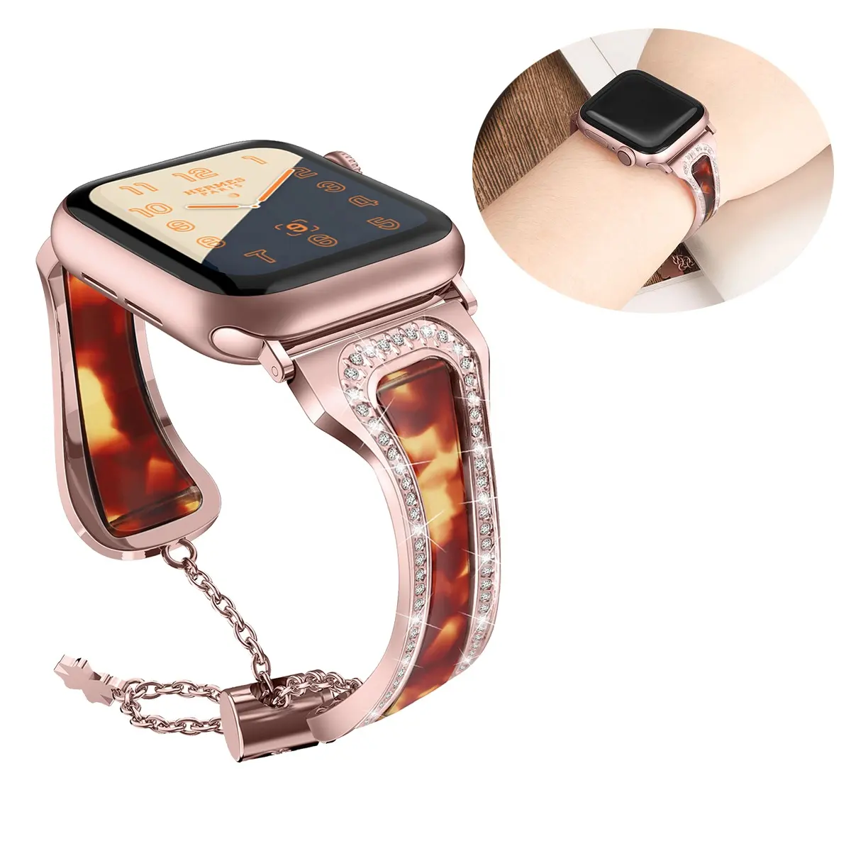 Adjustable Bling Rhinestone Resin Metal Bangle Watch Strap For Apple Watch Band 40mm 44mm 41mm 45mm 38mm 42mm