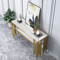 Table console rectangulaire moderne avec base en acier inoxydable doré et plateau en verre pour salon, salle à manger, entrée, hôtel, hall, bureau