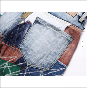 Pantalon slim <span class=keywords><strong>homme</strong></span> tendance <span class=keywords><strong>en</strong></span> <span class=keywords><strong>jean</strong></span> bleu clair avec empiècements <span class=keywords><strong>en</strong></span> denim pour l'été - Product Image 6