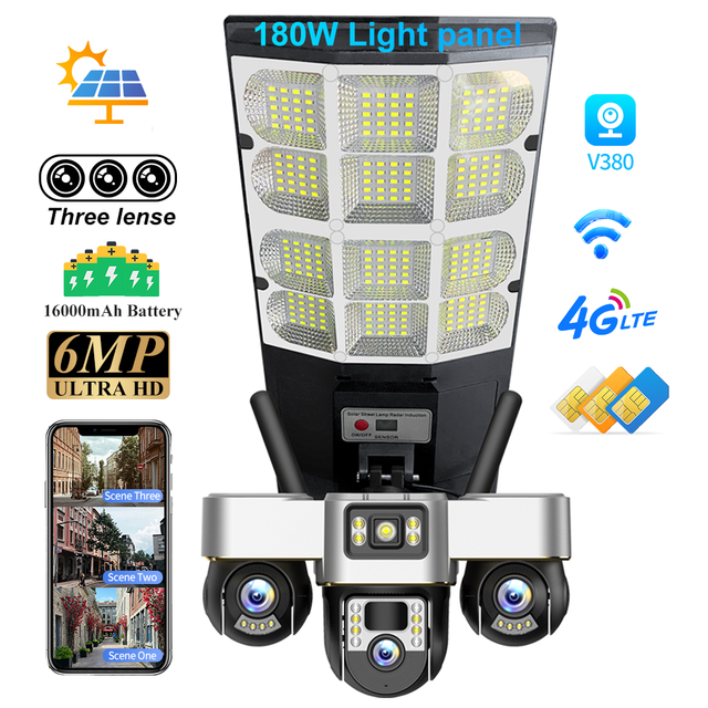 V380 Pro 4G WiFi Network 180W Solar Street Light Camera 3 Lens 3PTZ 6MP 16000mAh Battery Outdoor IP66 Waterproof Security Camera