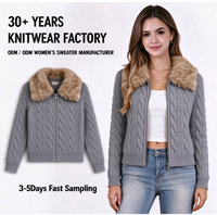 Cardigan pour femme, pull zippé, automne-hiver, tricot torsadé, manteau à fermeture éclair, col en fausse fourrure amovible, coupe courte ajustée, manches longues, vêtement d'extérieur