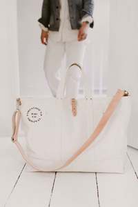 White Weekender Canvas Duffle Bag Bolsas reutilizables de lona Bolso de lona blanco logo con asa de cuero - Product Image 2