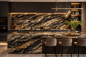 <span class=keywords><strong>Encimeras</strong></span> de Granito Negro Magma Dorado de Brasil, Diseño Moderno de Lujo, Losa Grande Pulida con Capacidad de Solución de Diseño Gráfico - Product Image 2