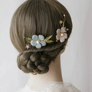 手工珐琅绿花新娘发夹和夹子金叶珍珠水钻结婚头饰女性舞会饰品 - Product Image 1