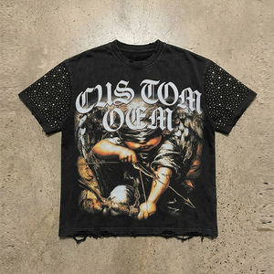 เสื้อยืดผู้ชายทรงโอเวอร์ไซส์ ไหล่ตก ทรงบ็อกซี่ สตรีทแวร์ พิมพ์ลายดิจิตอลแบบย้อมสีเอซิด ประดับด้วย Rhinestones ผ้าฝ้าย 100% รับผลิตตามแบบ OEM - Product Image 1