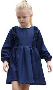 Abito da ragazza in cotone organico per autunno a maniche lunghe <span class=keywords><strong>jeans</strong></span> con volant abbigliamento per bambini comodo ed elegante - Product Image 6