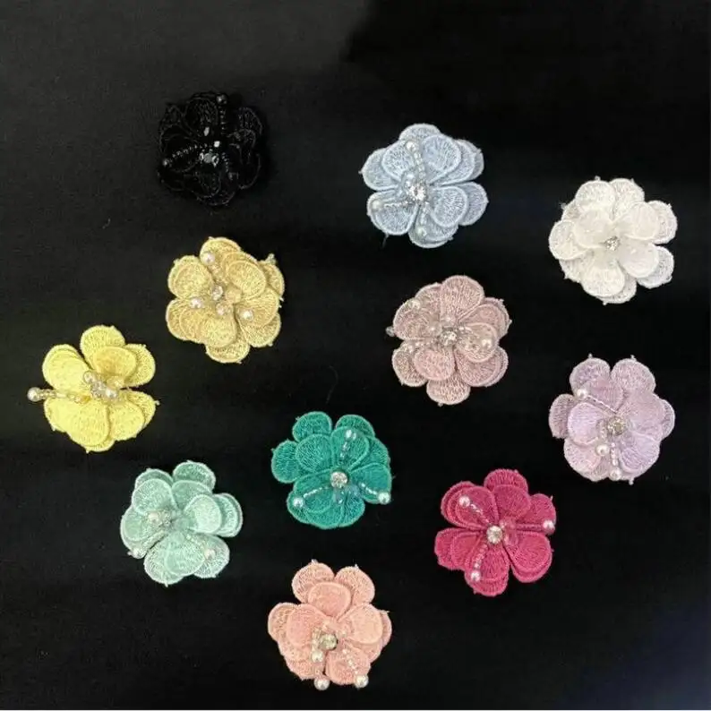 Factory Direct Garment Usage 3d Embroidery Flower Patches With Pearl Small Flower Patches