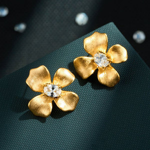 Flower Stud <b>Earrings</b> Gold Plated Copper Alloy Zircon Inlaid 925 Silver <b>Posts</b> Everyday Wear - Product Image 4
