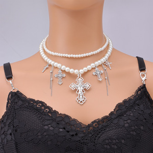 Collar de Perlas de Doble Capa con Cruz, Gargantilla de Aleación de Zinc Dorada con Colgante de Diamante, Joyería de Moda para Fiestas - Product Image 2