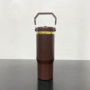 Gobelet isotherme personnalisé avec logo, 30 oz, plaqué or miroir, avec paille rabattable, revêtement poudré chocolat, pour gravure laser - Product Image 3