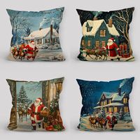 Housse de coussin décorative de Noël avec motif maison enneigée, rennes et Père Noël, pour cadeau et décoration d'hiver