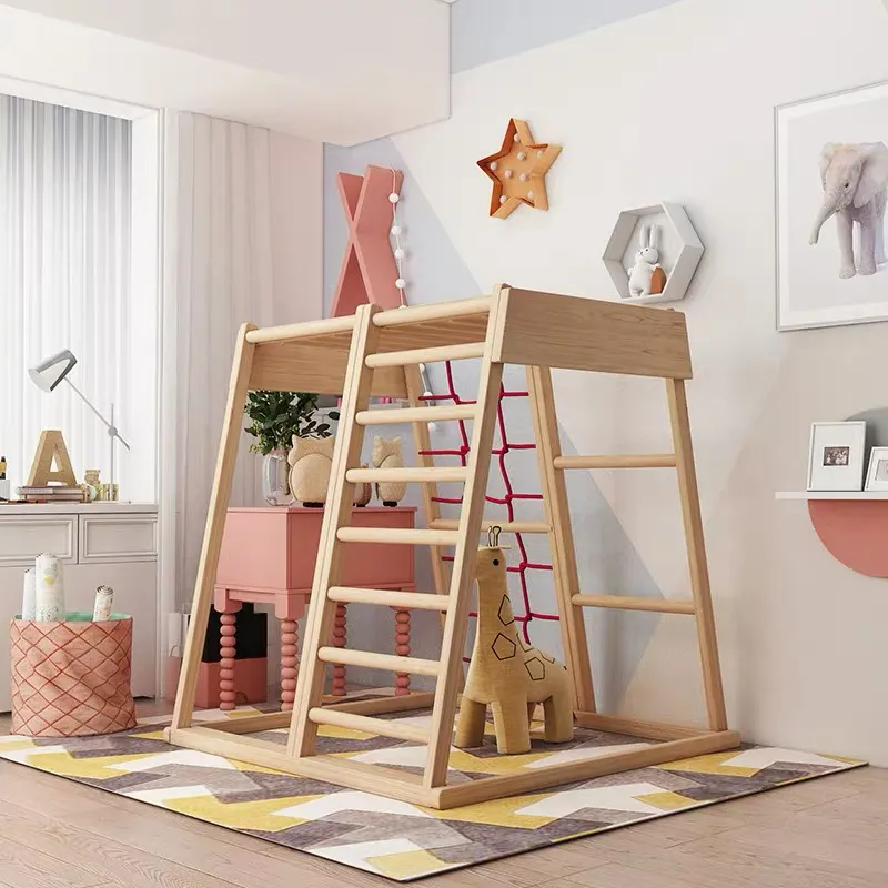 Montessori Ayunan Geser Perlengkapan Bermain Anak-anak, Bingkai Panjat Dalam Ruangan Kayu