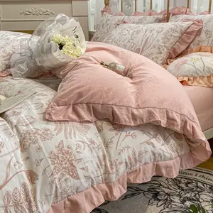 Atacado Impressão Digital Design Personalizado Stoned Washed French Linen Bed Sheet e Duvet Cover Confortável Set