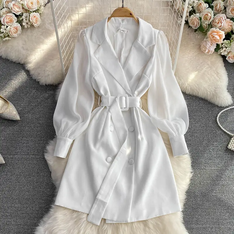 Office Ladies Blazer Dress Elegant Fashion Mesh Patchwork Double Breasted Profession Suit Dresses Women White Casual A-line Robe