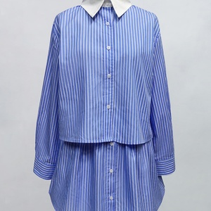 Costume pour femme sur mesure OEM ODM, nouvelle arrivée, haute qualité, mode décontractée, chemise à manches longues rayée bleu et blanc + ensemble jupe - Product Image 2