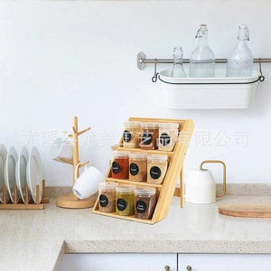 Estante de almacenamiento de madera de varios niveles para la organización y almacenamiento de especias en la cocina del hogar. - Product Image 1