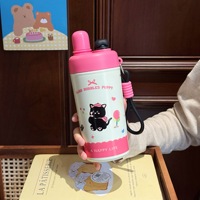 Botella de Agua de Acero Inoxidable para Niños con Estampado de Osito, Pato, Cordero y Gato, Tapa Doble Aislada, Termo con Correa de Mano Portátil