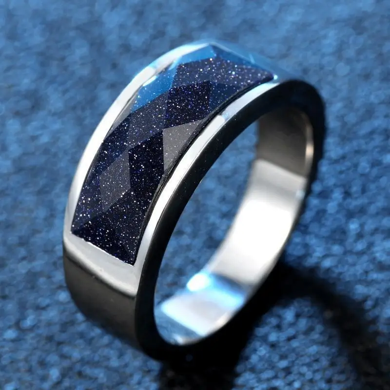 Cincin baja tahan karat batu hitam alami, perhiasan Fashion cincin perak untuk pria