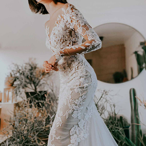 Modest Tulle Perspective Flower Lace up White Long Trail Backless Mermaid Designer Vestido <span class=keywords><strong>de</strong></span> <span class=keywords><strong>madrina</strong></span> <span class=keywords><strong>Vestidos</strong></span> <span class=keywords><strong>de</strong></span> novia Manga larga - Product Image 3