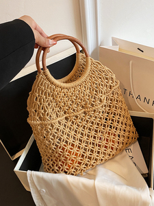 Borsa di paglia da spiaggia con rete di cotone borsa in paglia da spiaggia Cestello da mercato francese Bask estivo - Product Image 6