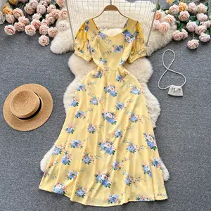 Verão Novo Estilo Elegante V-neck Fragmentado Flor Vestido das Mulheres Lace up Swing Grande Mid comprimento Vestido