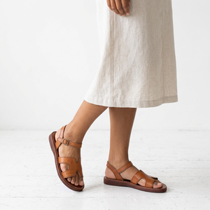 Brown Genuine Leather Comfortable Lightweight Cushioning Solid Flat <b>Sandals</b> Open Toe <b>Buckle</b> Strap Slip Spring/Summer Casual - Product Image 4