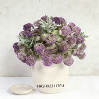 Bunga Ungu Berduri Gradasi dengan Tanaman Hijau dalam Pot Paper Mache Putih, Centerpiece Bunga Ungu Tahan Air untuk Meja Kopi atau Rak