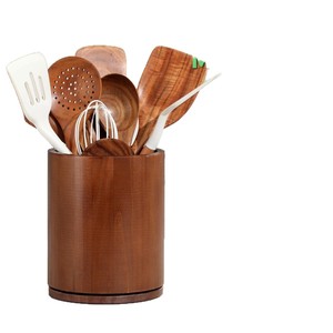 Porte-couverts rond en bois, organiseur d'ustensiles de cuisine pour comptoir, boîte de rangement rotative à 360 degrés en bois massif - Product Image 5