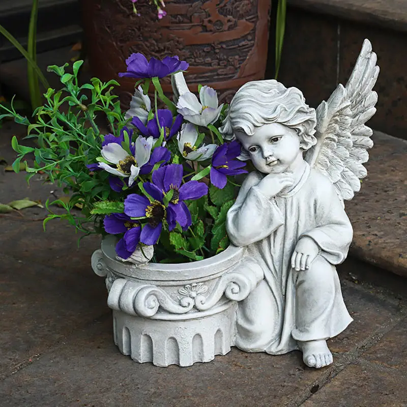 Pouco anjo flor vaso flor carnuda deusa flor ao ar livre Jardim Plantador branco asas criança Anjo Querubim estátua Flower Pot