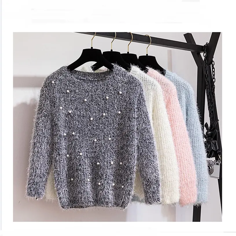 Women's Beading Pearl Fluffy Sweater Crop Top O neck Knitted Slim Pullover Autumn Winter Warm Fashion Casual Woman Sweaters