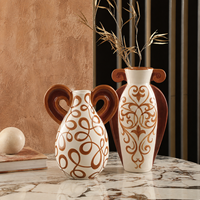 Vase en céramique blanc cassé à motif en spirale caramel, double poignée, vase décoratif pour fleurs, pour le salon, décoration de la maison