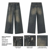 Jeans droits pour hommes en stock – Pantalon en denim ample coupe décontractée Y2K Streetwear Vintage délavé cinq poches avec anneau en D – Été Automne