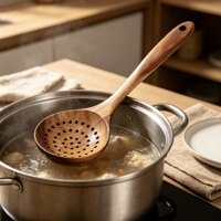 Cuillère écumoire en bois d'acacia avec logo personnalisable – Ustensile de cuisine sûr pour les aliments et durable